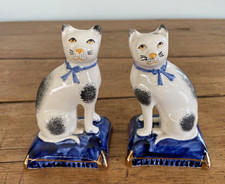 Pair of Antique Staffordshire Style Blue and White Sitting Cats, 10cm