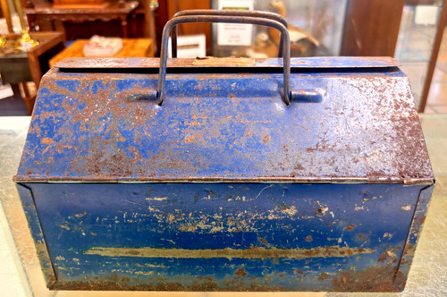 Vintage blue metal toolbox - vintage,