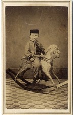 Young boy on rocking horse, smart jacket cdv photo