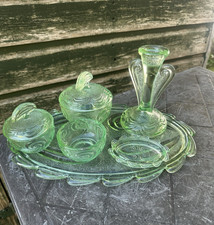Vintage Art Deco Dressing Table Set Green Glass Vanity 6 Pieces 1920's 1940's