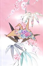 [AYANE] ORIGAMI CRANE BIRD & FLOWERS 1 - Japanese Silk  KIMONO Fabric