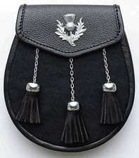 Black Calf skin Thistle Leather Sporran Tradtional Scottish Wallet Kilts