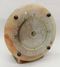 Vtg 1940s Art Deco Stone Marble 12cm Dia Desktop Bedside Mantle Clock Made In GB