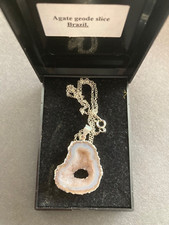 New Brazilian agate geode slice silver necklace on 40cm silver chain Boxed