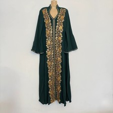 Green Gold Abaya Dubai Style Embroidery Arabic Islam Muslim Modest Dress Medium