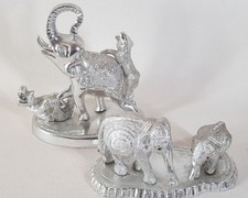 Two Silver Colour Metal Elephant Statues Figures Ornaments - Hindu interest