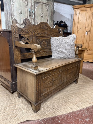 Carved oak settle - carved,