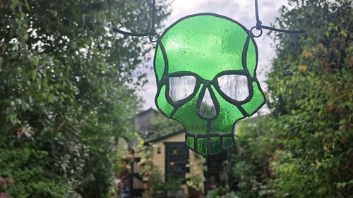 Stained glass green skull - glass,