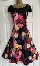 PHASE EIGHT DORA BLACK PINK COTTON FLORAL FIT FLARE EVENING PARTY DRESS SIZE 18