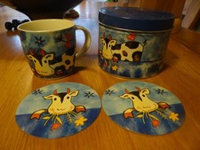 Novelty Maisie Cow print Coffee Mug in Tin with and coasters