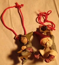 Two Anne Habouhe Hanging Christmas Ornaments. Santa & Elf.  VGC. Vintage.