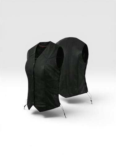 Women black leather vest - black,