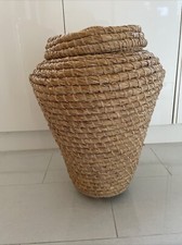 Vintage Wicker Woven Rattan Ali Baba Snake Charmer Laundry Basket On Wheels