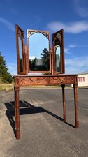 Gothic Vintage Handmade Solid Oak Table + Triple Dressing Vanity Mirror 