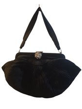 1950s Vintage Black Pleated Evening Handbag  Rhinestone Clasp Retro Clutch Purse