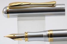NOS X-Pen Brushed Steel Fine Fountain Pen with Gold Trim, GT (Ink Included)