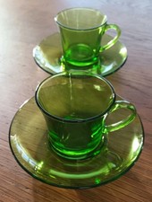 Pair Vintage French DURALEX Green Glass Espresso Cups & Saucers