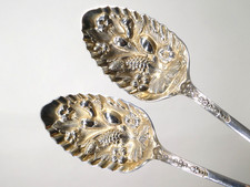 Pair of Highly Embossed Ornate Silverplate Fruit Berry Table Spoons Antique