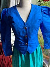 Cobalt Bright Blue Silk Jacket Laura Ashley Pattern silk lining S12 fitted vneck