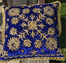 Heavily Embroidered Indian Cushion with Gold Thread, Gold Sequins and Border