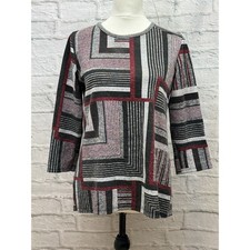 Luca Vanucci Jersey Top Grey Red Stripes Size 10 Long Sleeve Pullover Pleated