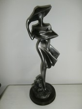 SILVER GREY METAL STYLE SCULPTURE FIGURINE OF A LADY WITH DRESS BLOWING IN WIND