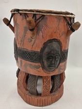 Hand-Carved African Tribal Drum with Wooden Sticks Decorative & Functional 16" H