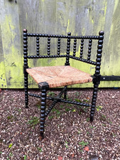 Antique French Bobbin Corner Chair With Woven Rush Seat