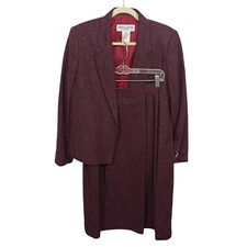 Vintage Brian David Skirt Suit Womens 12 Red 100% Wool 2 Piece Business Office