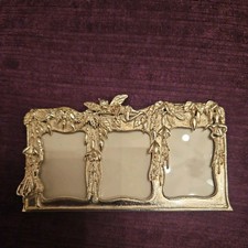 Vintage Silver Scenes Art Nouveau Style Triple Aperture Photo Frame Fuchsias