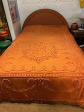 Vintage 60s 70s Cotton Orange Candlewick Tufted Double Bedspread  Fringe