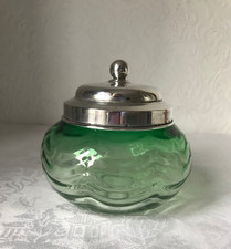 Antique Victorian Green Glass Bowl Hallmarked Silver Lid London 1896