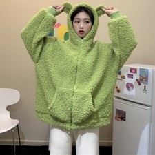 Girl Faux Fur Fleece Coat Jacket Hooded Furry Sweatershirt Tops Ear Zip Loose