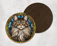Cute Maine Coon Cat Kitten Stained Glass Round Coaster Tea Coffee Present Gift