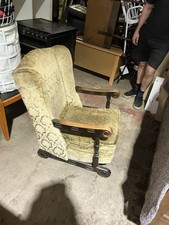 Vintage Victorian Rocking Chair Carved Oak Tufted Fabric Wingback Armchair