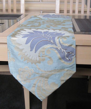 DUCK EGG SILK WITH PURPLE & GOLD DESIGN PRINT DESIGN TABLE RUNNER