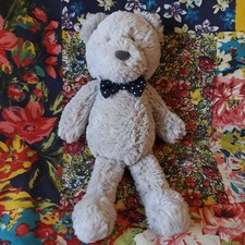 F&F 11" GREY TEDDY BEAR SOFT TOY PLUSH COMFORTER NAVY BLUE SPOTTY BOW TIE TESCO