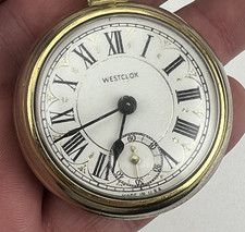 Vintage WESTCLOX "Dollar" Wind Up Train Pocket Watch w/ Fob Chain WORKING