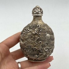 Old Chinese tibet silver handcarved Double Dragon Play Bead snuff bottle Xuanton