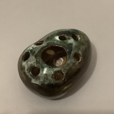 Pebble shaped ikebana / flower frog vase ceramic, brown & green glaze 11cm long