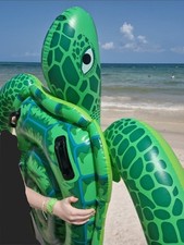 Kids Large Turtle Inflatable Ride-On with Handles, Swimming Pool Float