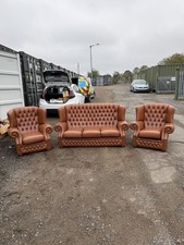 Vintage Tan Brown Leather High Back Chesterfield Sofa Arm Chair 3 Piece Suite
