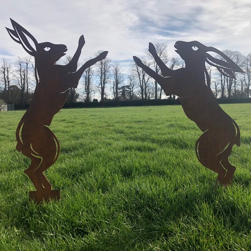 Big boxing hares rusty - hares, metal