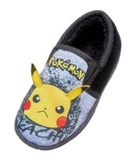 Boys Slippers Pokemon Pikachu Graffiti Slip On Size 10-5 Black Grey Solid Sole