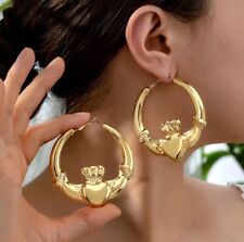 9k Gold GF Large Claddagh Hoop Earring Women’s Gypsy Fashion New UK Filled Gold