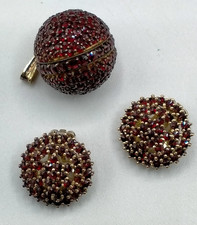 Yellow Metal + Red Crystal Jewellery Set - Clip Earrings + Globe Pendant. VGC