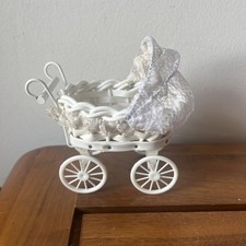 Miniature Dolls Pram Push Chair Vintage Baby Doll Carriage White Beige Lace 4”