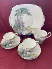 Adderley England FBChina 2xCup&Saucer, MilkJug & CakePlate 'Garden'Pattern 1940s