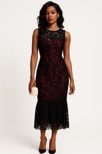 Milly Black Red Lace Sleeveless Midi Dress Size 10 Made in USA Floral Overlay Co