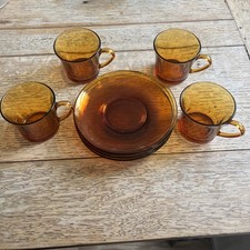 Duralex France Vintage Amber Glass Espresso Coffee Cups & Saucers Set of 4 + 3sp